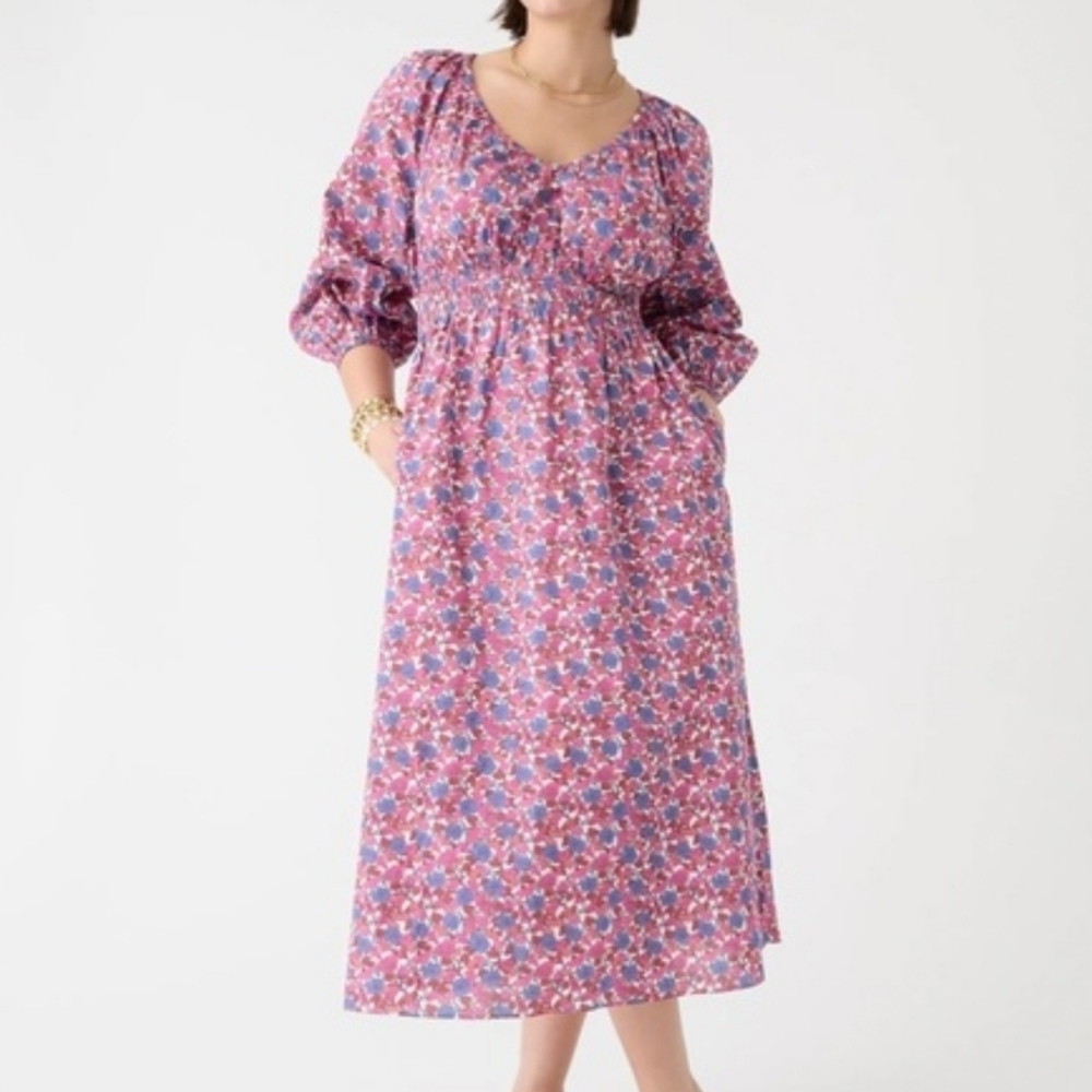 J. Crew Cotton V Neck Long Sleeve Midi Dress Berry Floral Sz. M Smocked Waist